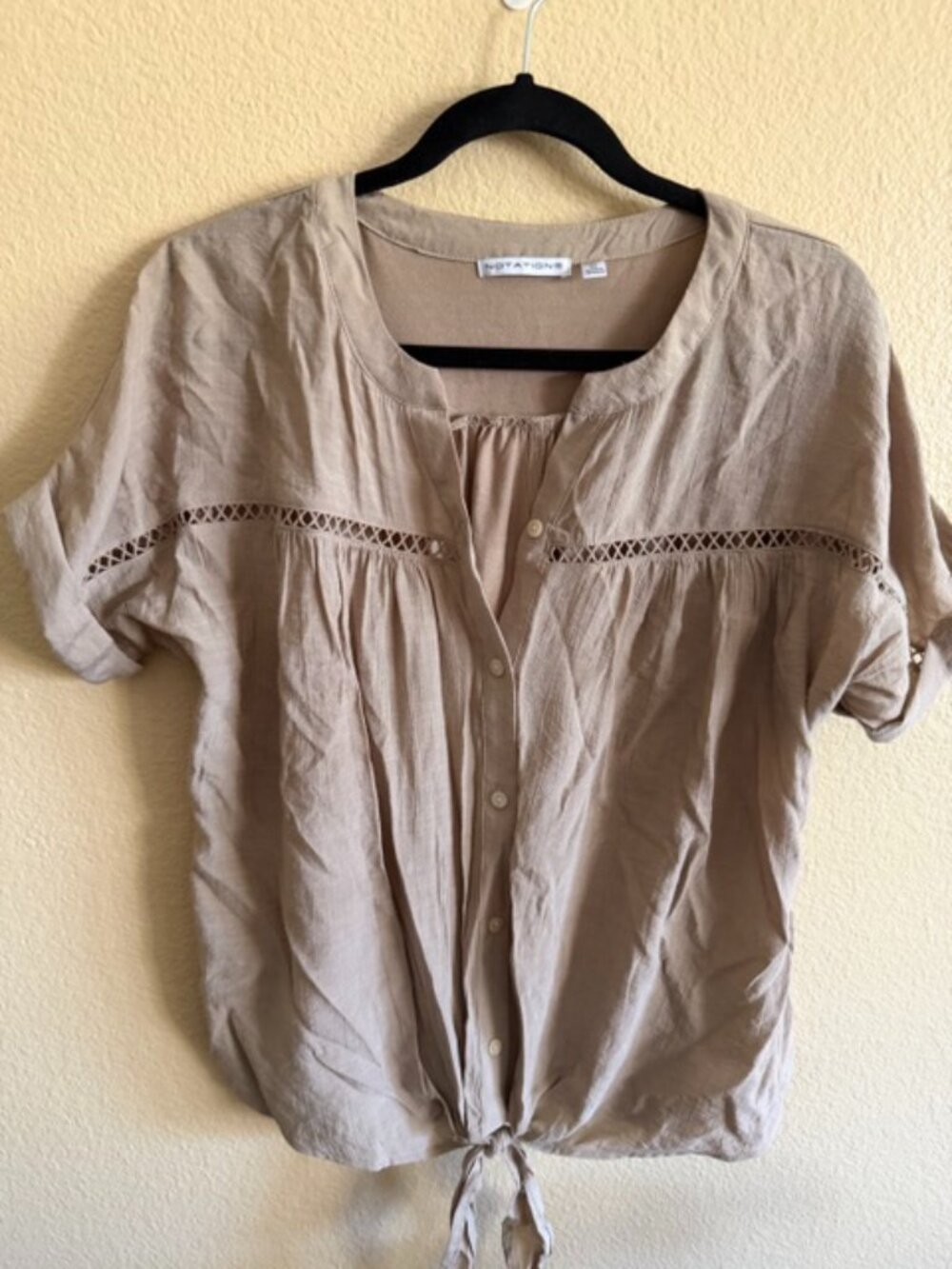 Notations Tan button down front tie shirt Size XL